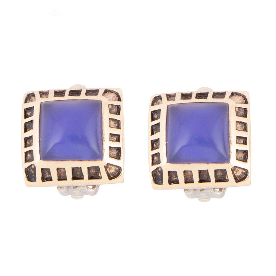 Blue Agate Golden Bronze Clip-On Earrings
