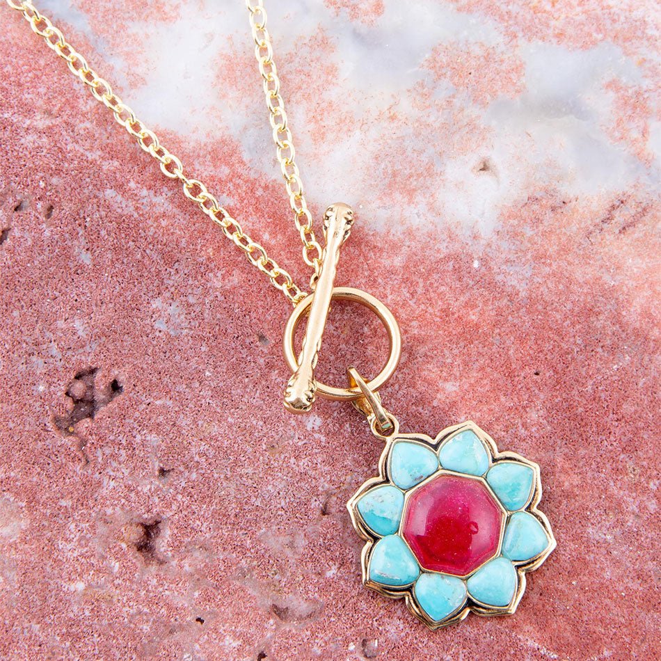 Blue Turquoise and Red Quartz Flower Pendant Necklace on a Golden Bronze Chain