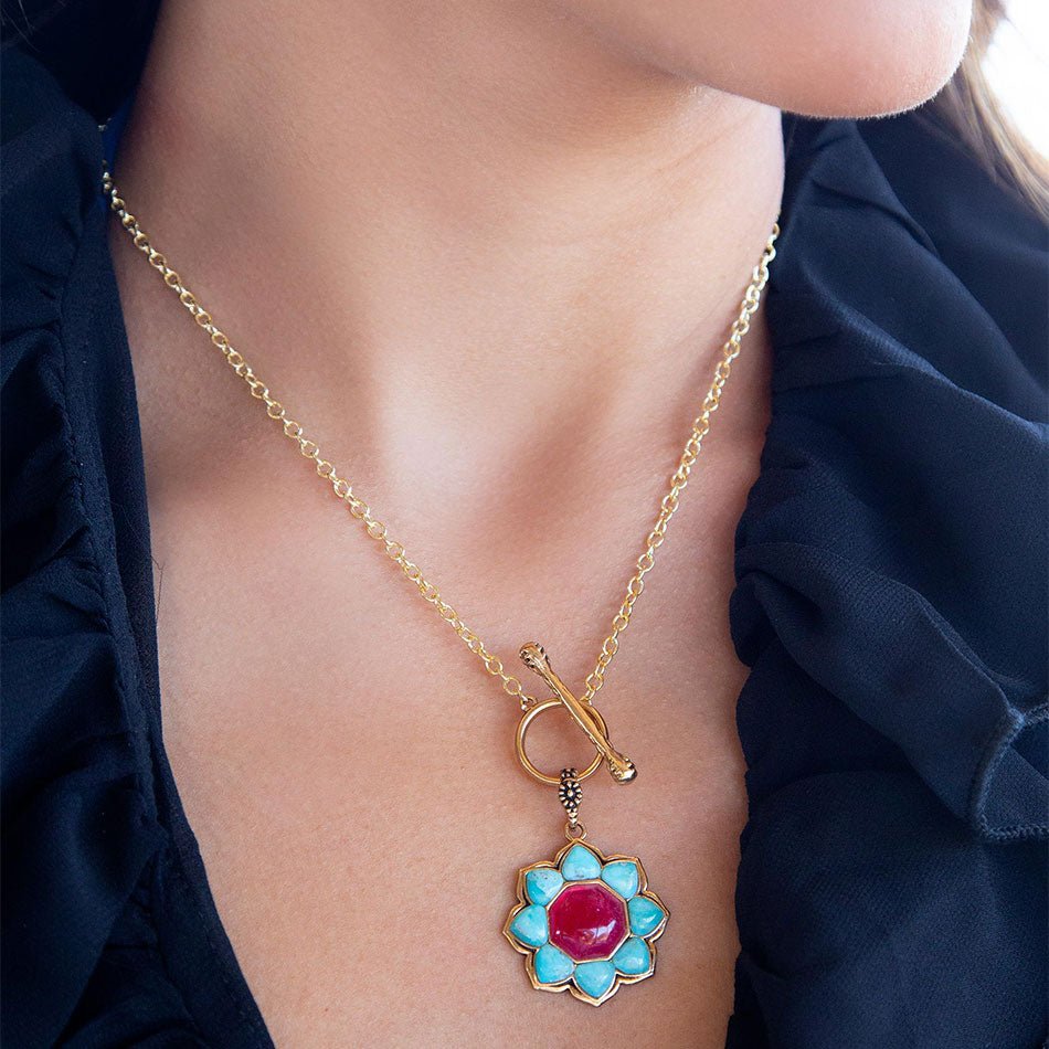 Blue Turquoise and Red Quartz Flower Pendant Necklace on a Golden Bronze Chain