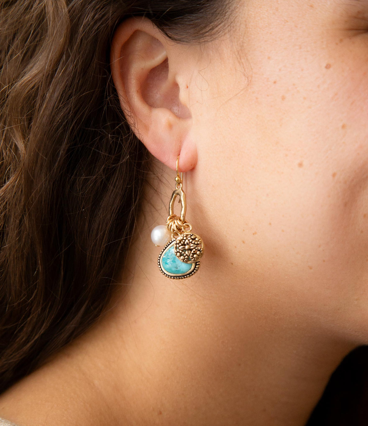 Blue Turquoise and White Pearl Multi-Charm Golden Bronze Earrings