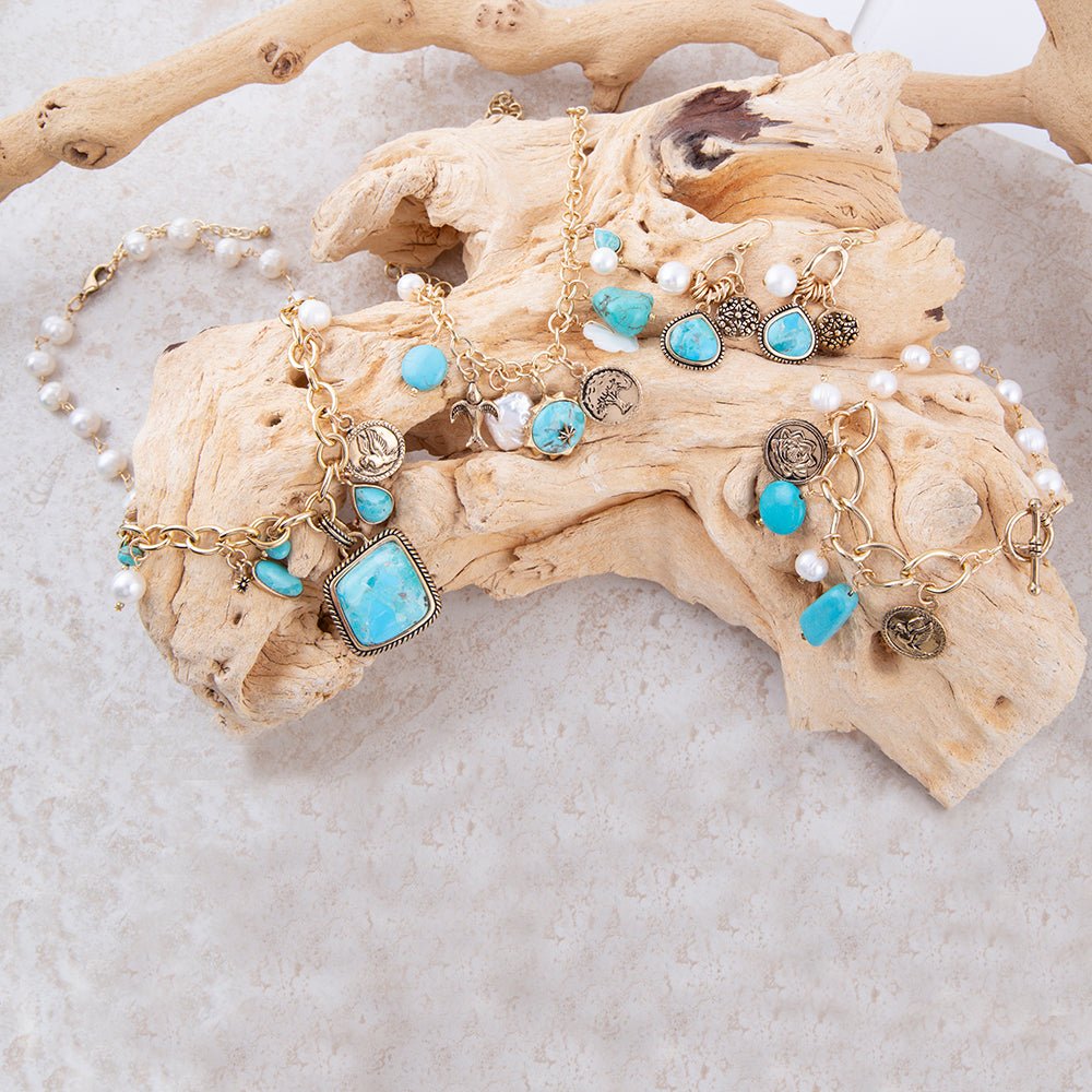 Blue Turquoise and White Pearl Multi-Charm Golden Bronze Earrings