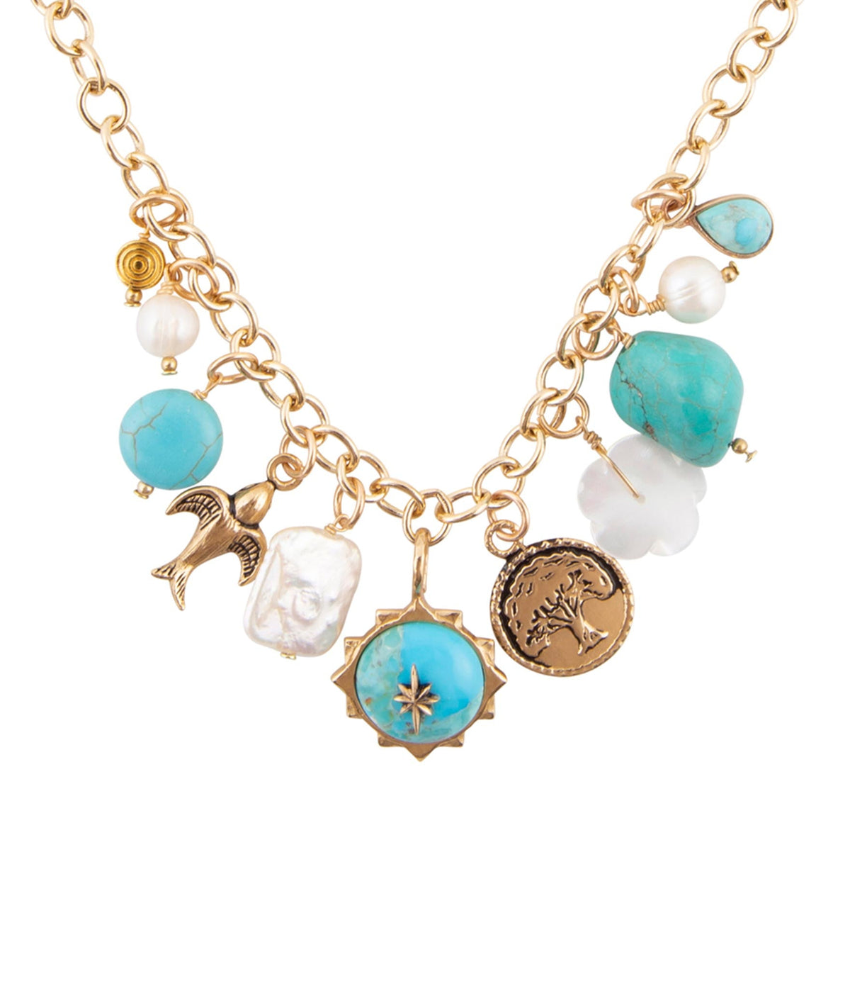 Blue Turquoise and White Pearl Multi-Charm Golden Necklace