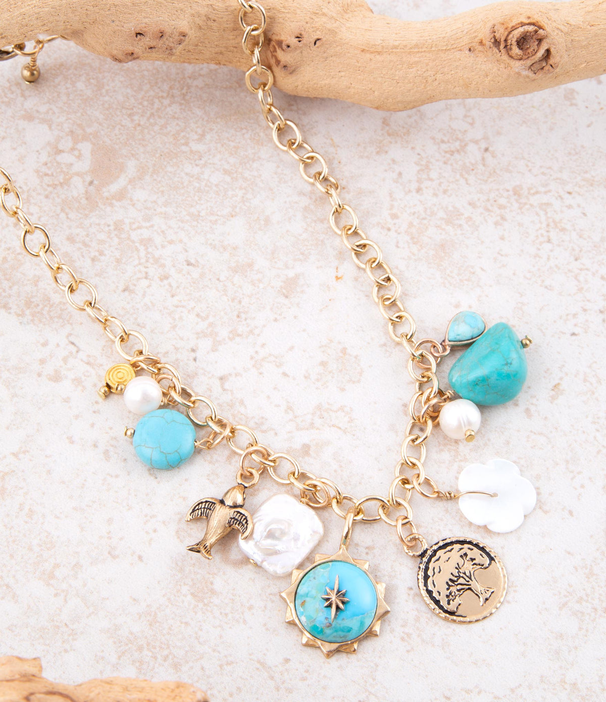 Blue Turquoise and White Pearl Multi-Charm Golden Necklace
