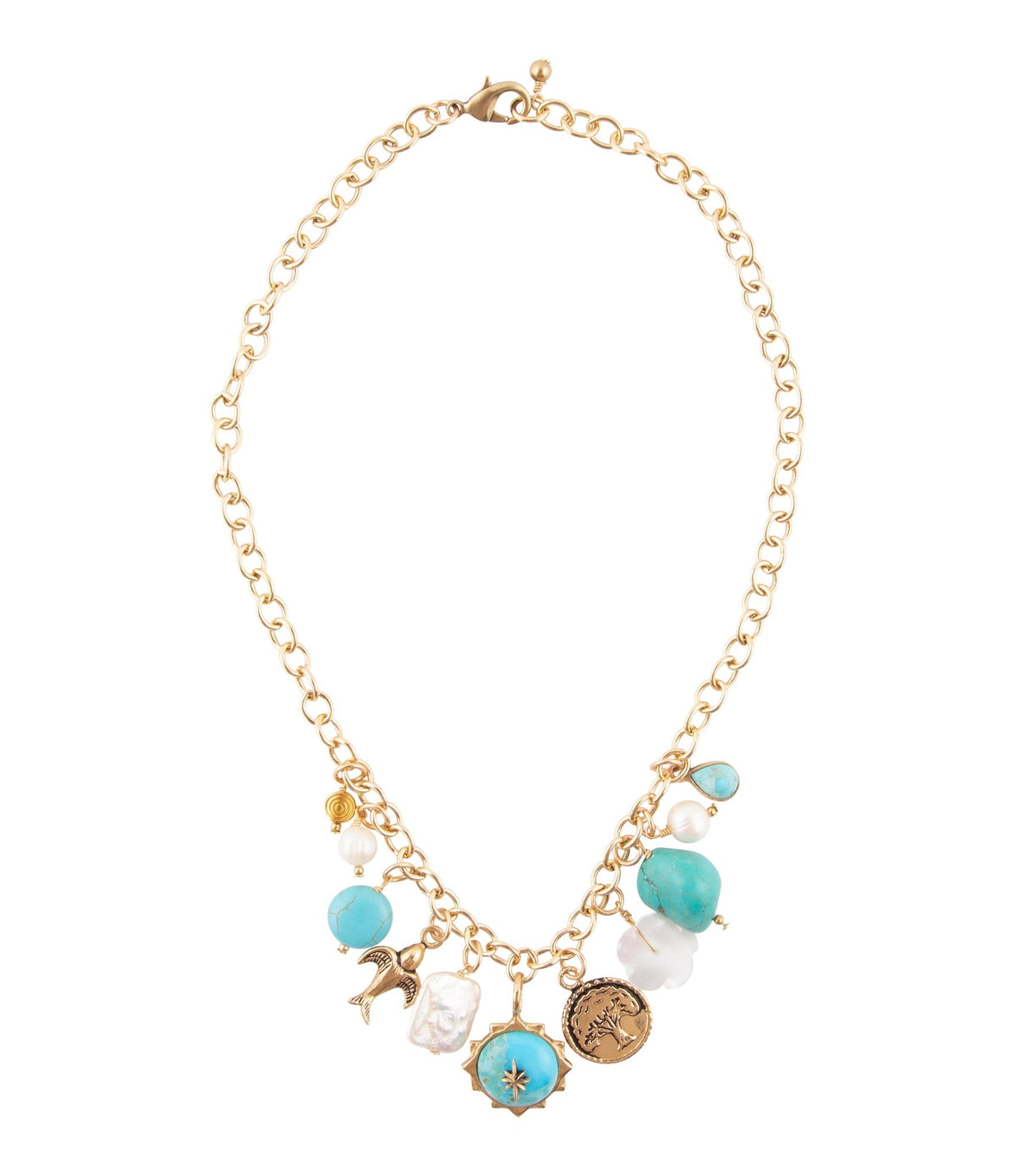 Blue Turquoise and White Pearl Multi-Charm Golden Necklace