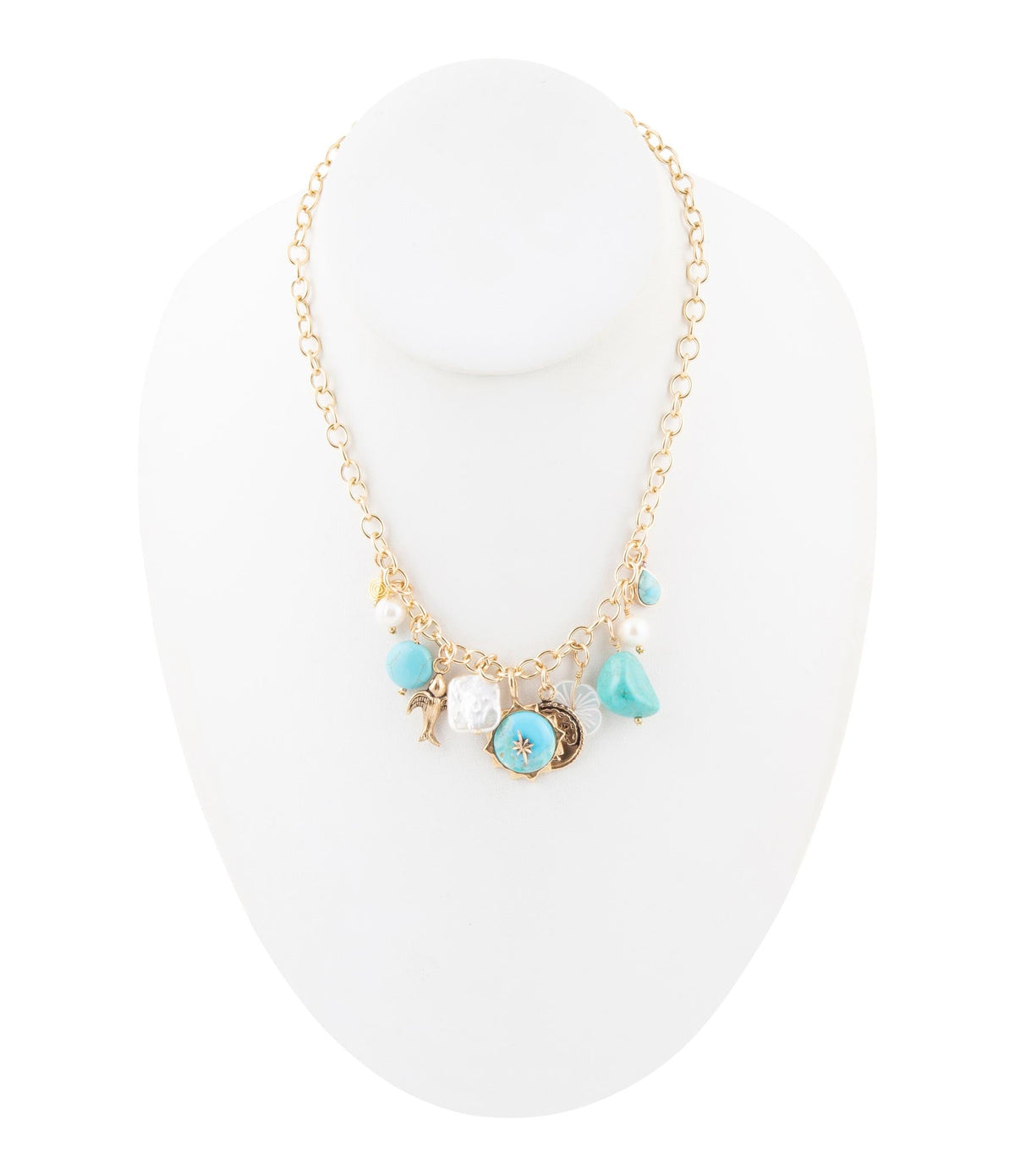 Blue Turquoise and White Pearl Multi-Charm Golden Necklace
