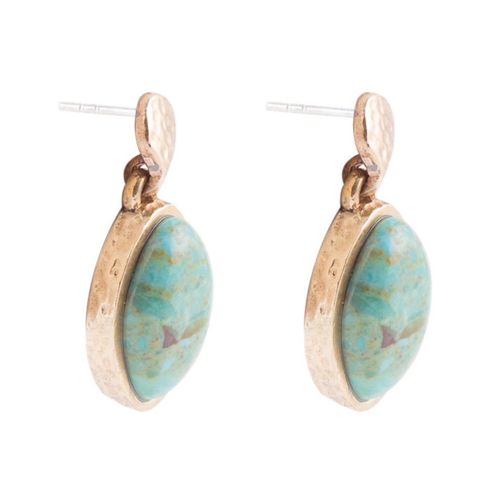 Blue Turquoise Oval Golden Bronze Drop Earrings