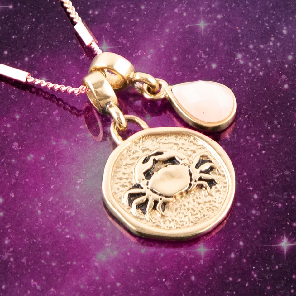 Cancer Zodiac Pink Opal Golden Charm Necklace