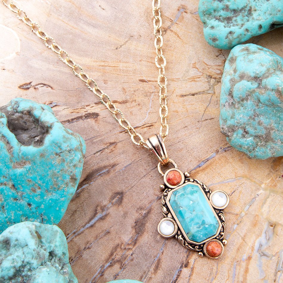 Champs Blue Turquoise, White Pearl, and Orange Coral Golden Pendant Necklace