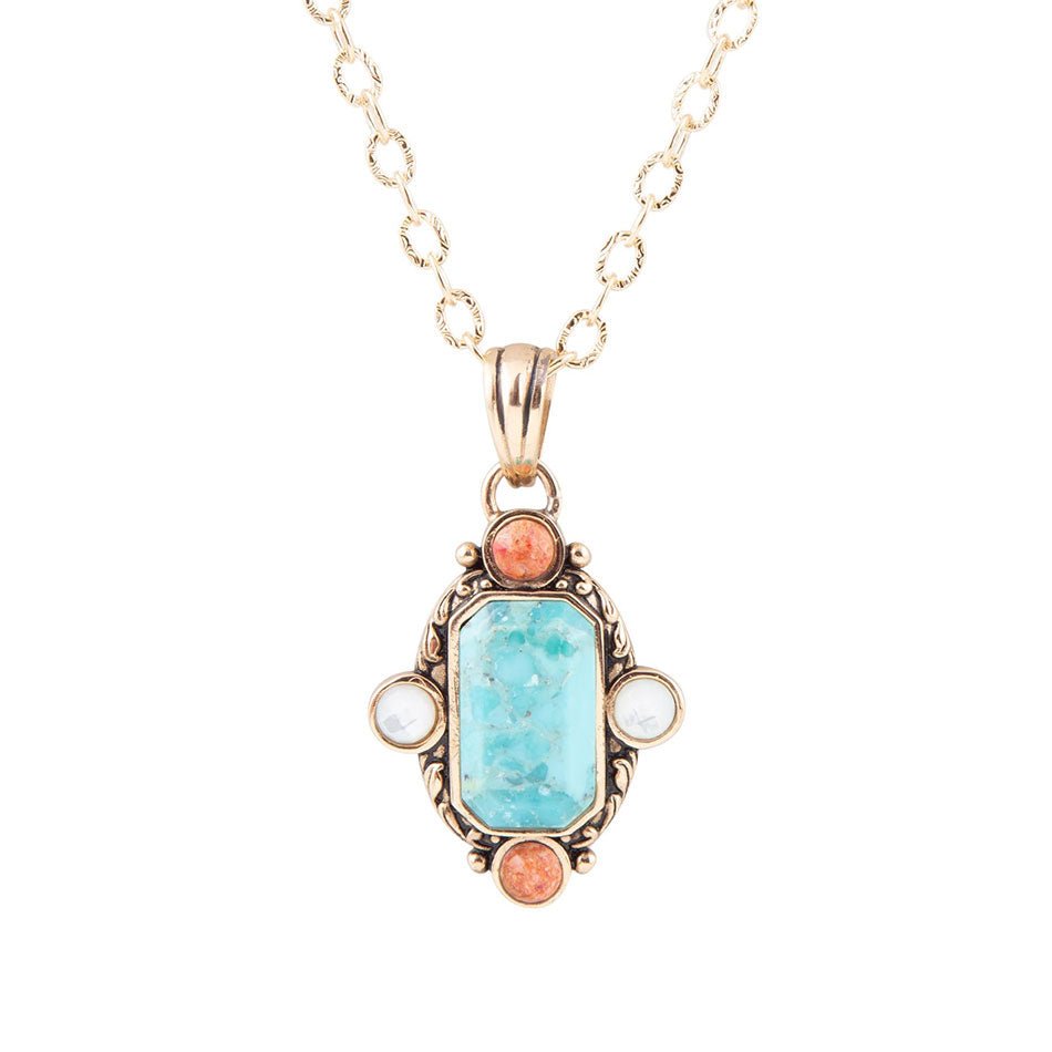 Champs Blue Turquoise, White Pearl, and Orange Coral Golden Pendant Necklace