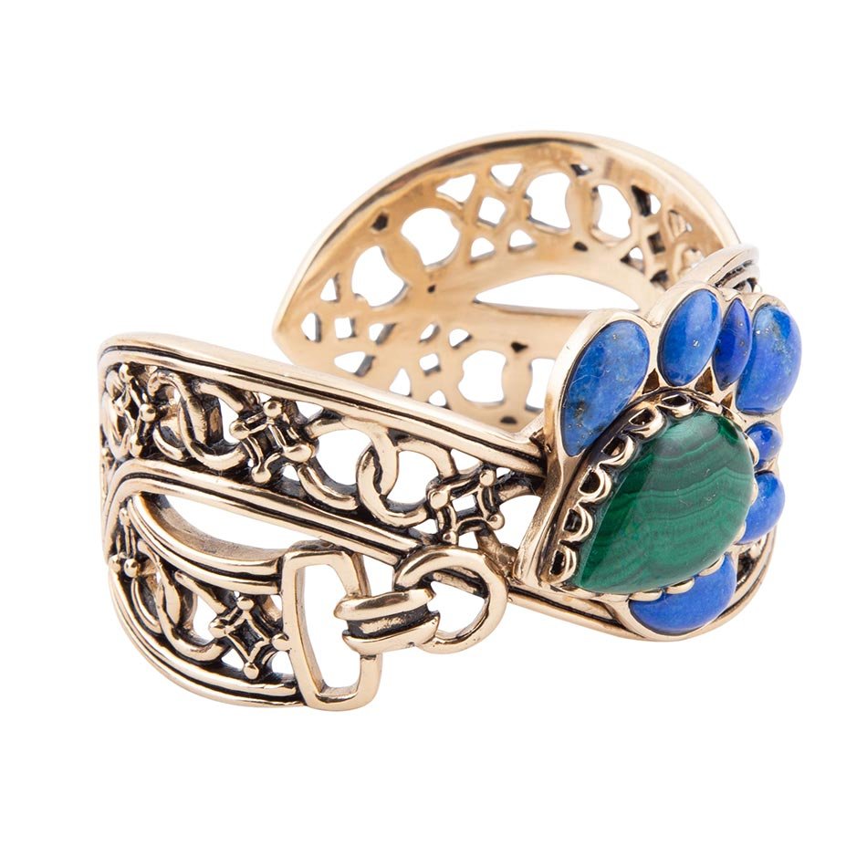 Cognate Green Malachite and Blue Lapis Golden Cuff Bracelet
