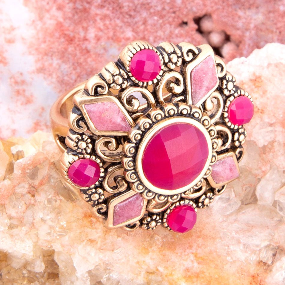 Embellished Pink Quartz Golden Statement Ring