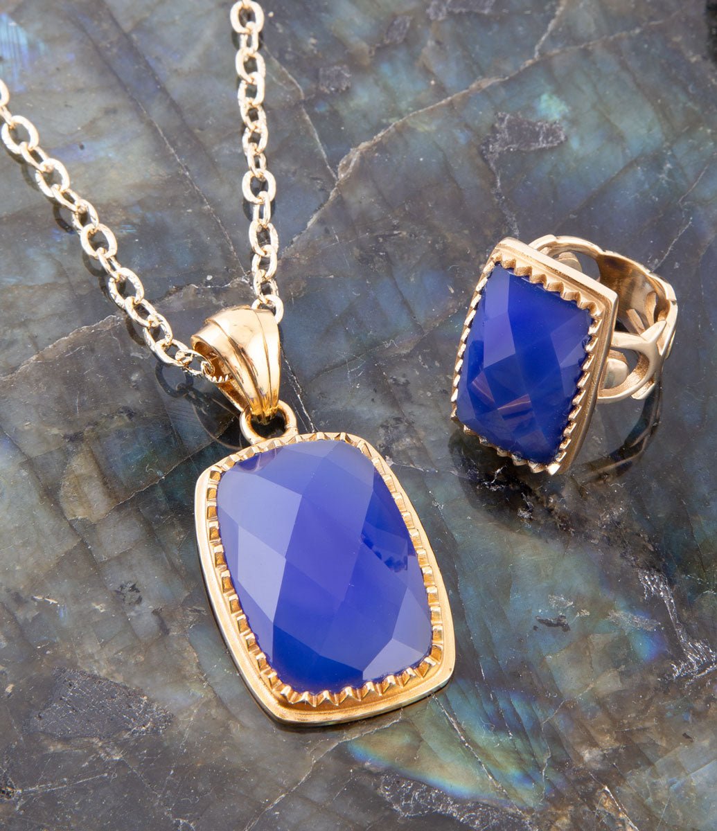 Filigreed Blue Agate Golden Bronze Statement Ring