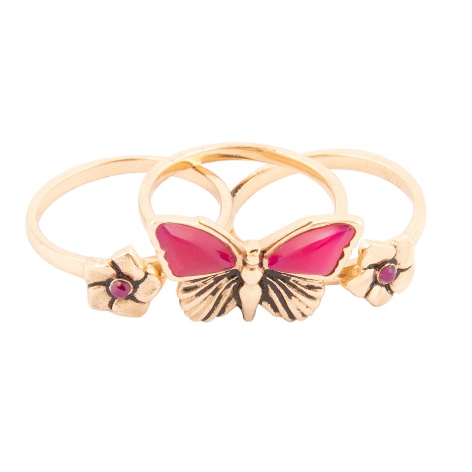 Pink Fuchsia Agate Golden Butterfly Triple Ring Set