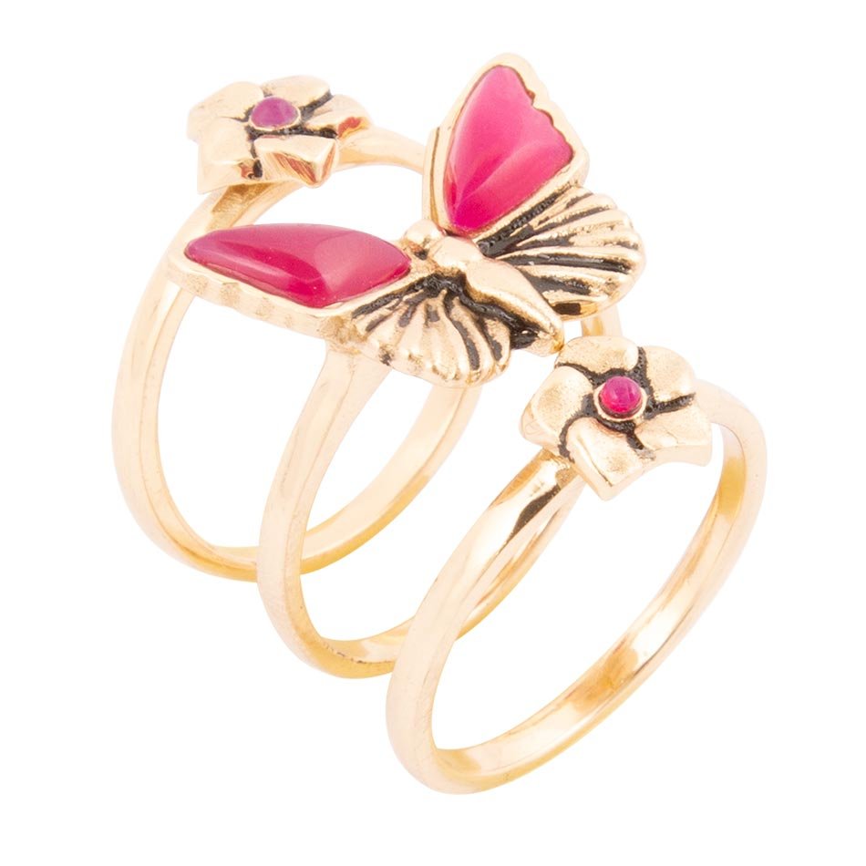 Pink Fuchsia Agate Golden Butterfly Triple Ring Set