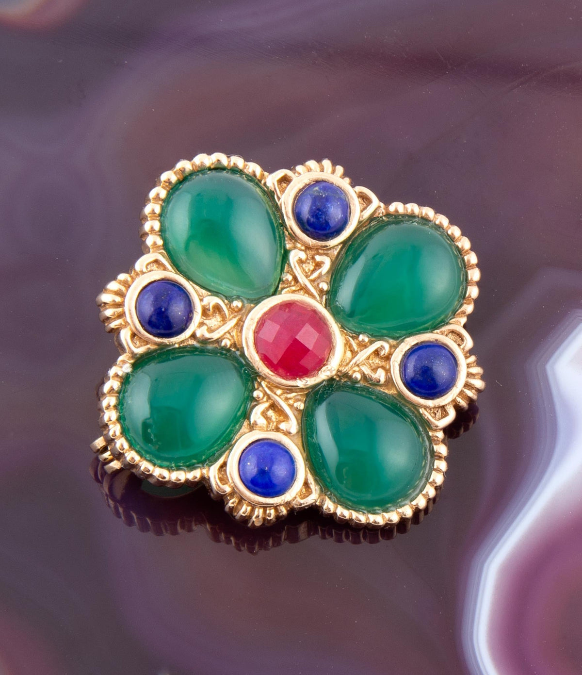 Green Onyx Mixed Stone Golden Brooch