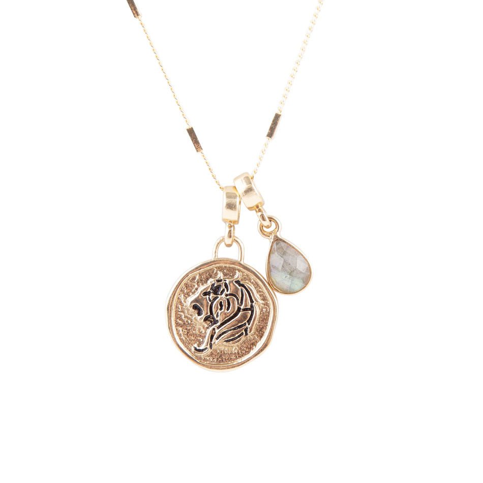 Leo Zodiac Gray Labradorite Golden Charm Necklace