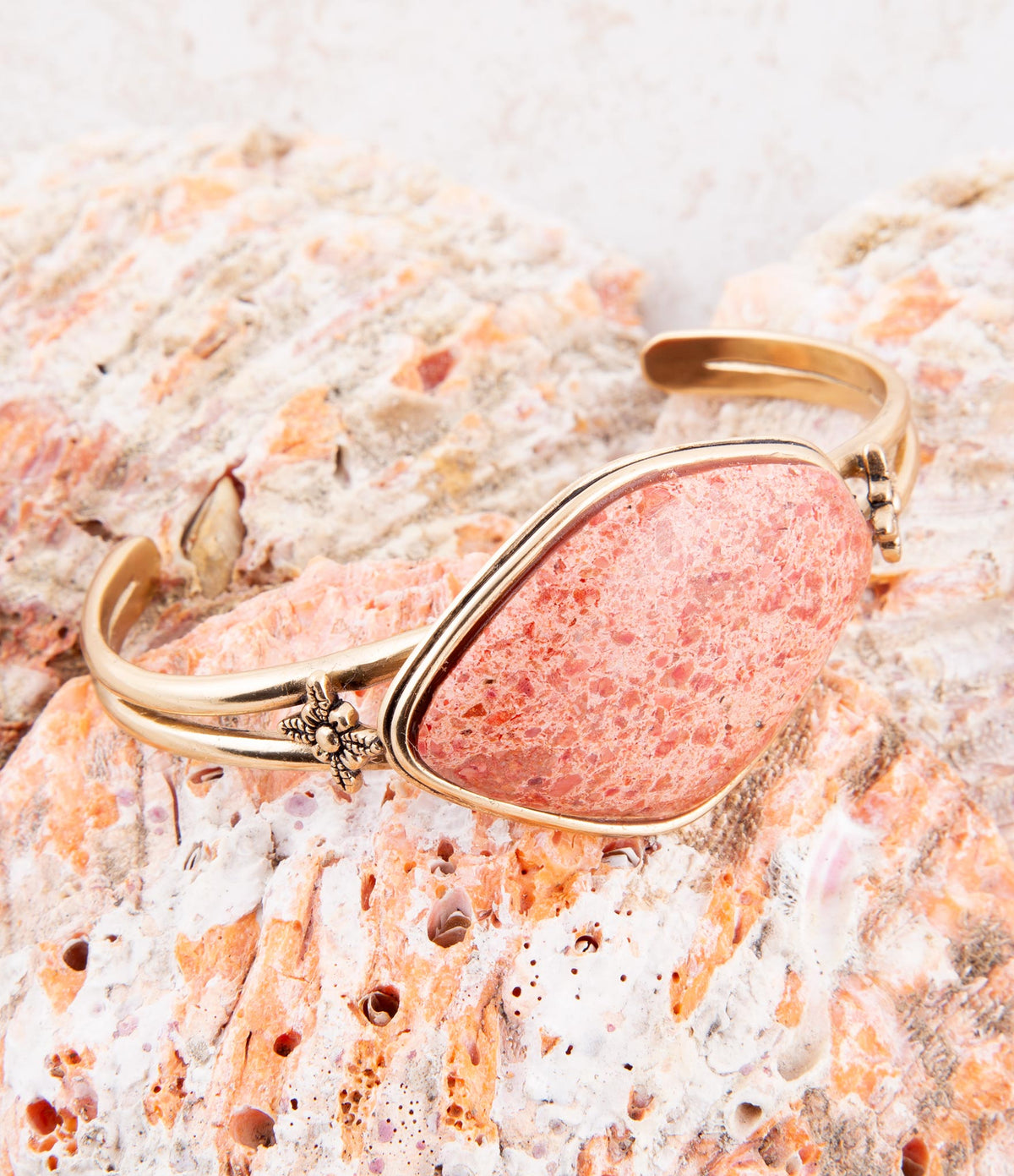 Lucent Orange Sponge Coral Cuff  Golden Bracelet