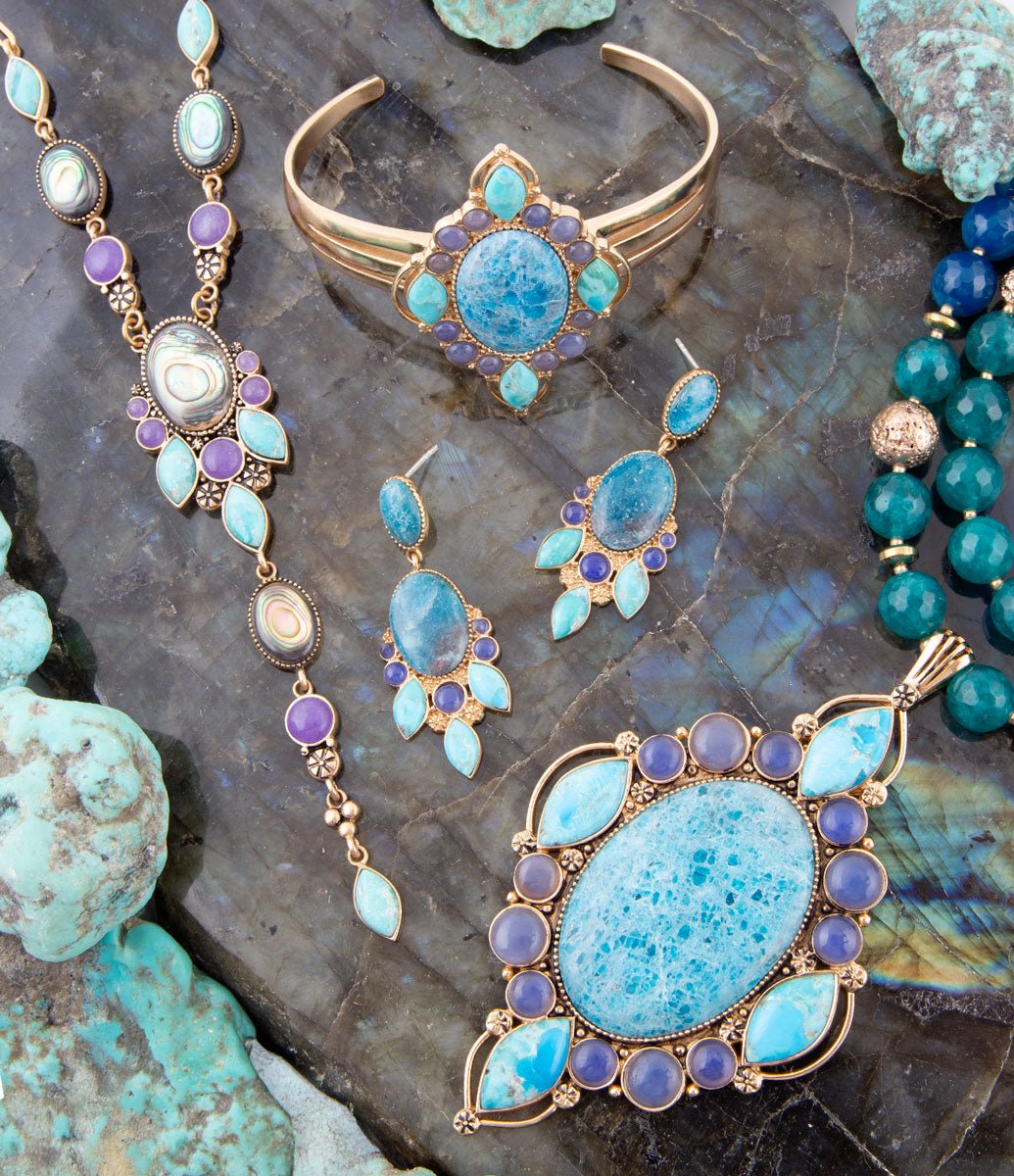 Regal Blue Apatite Mixed Stone Golden Bronze Cuff Bracelets