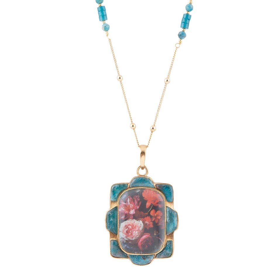 Scenic Red Floral Blue Apatite Golden Pendant Necklace