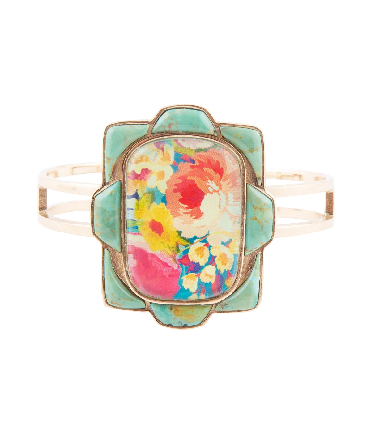 Scenic Floral Blue Turquoise and Golden Cuff Bracelet