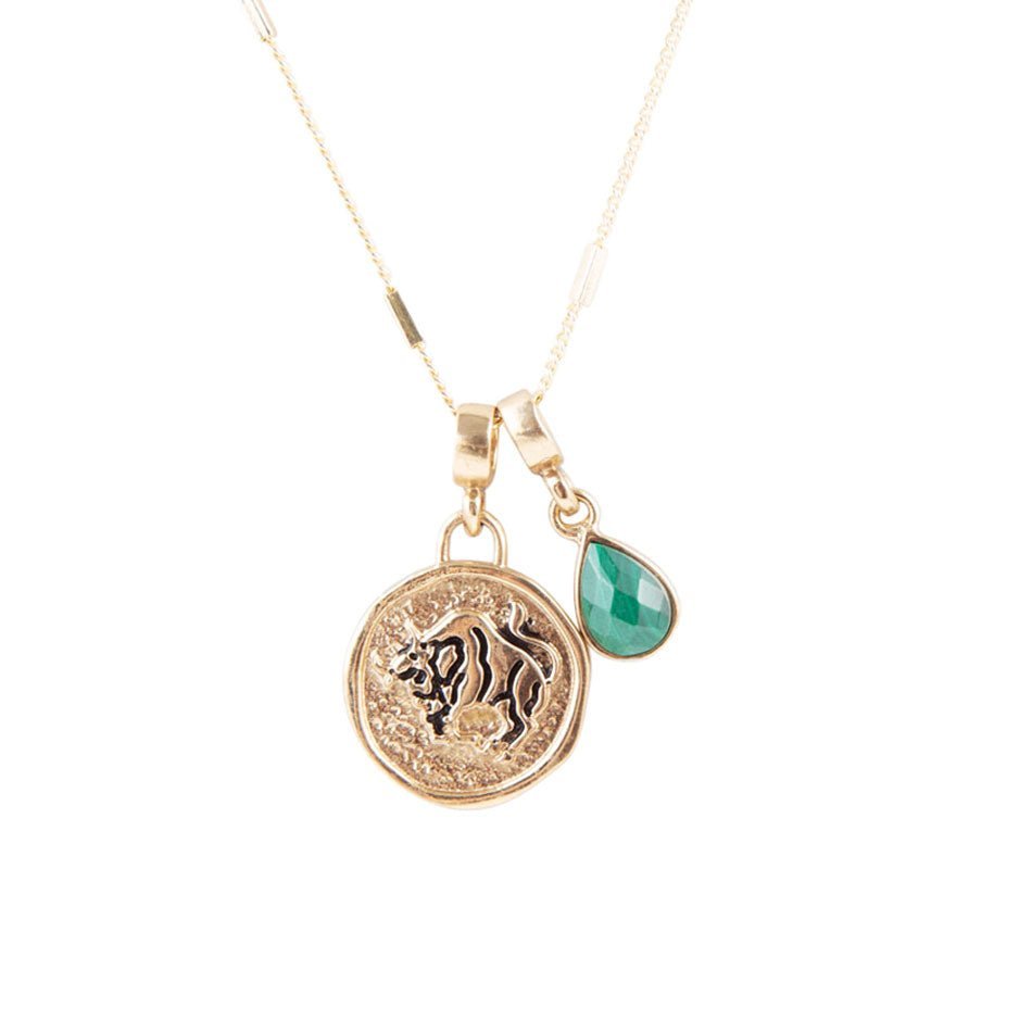 Taurus Zodiac Green Malachite Golden Charm Necklace