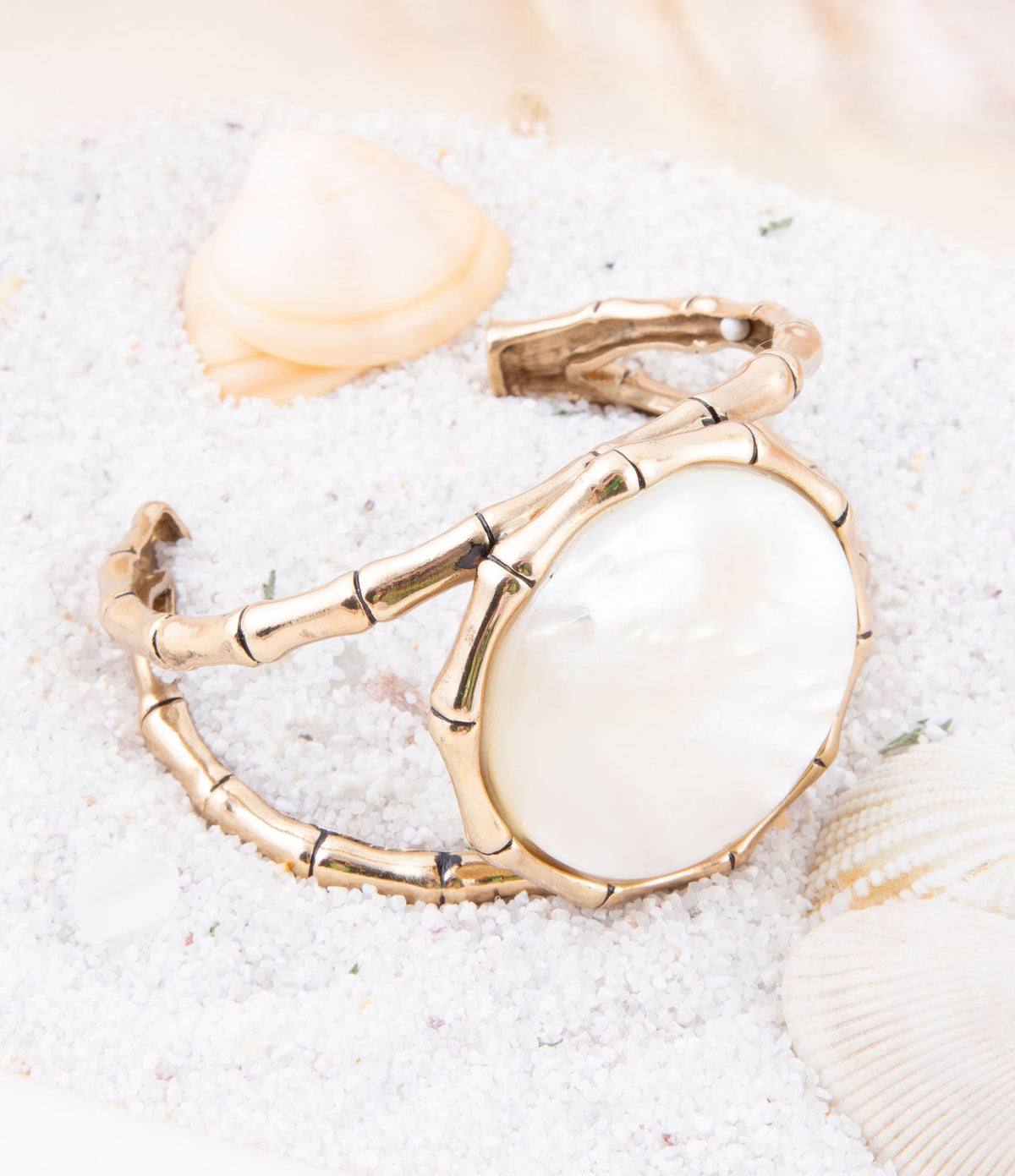 White Mother of Pearl Golden Bamboo Cuff Bracelet