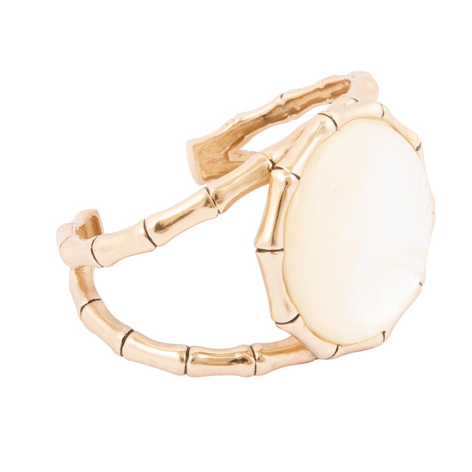 White Mother of Pearl Golden Bamboo Cuff Bracelet